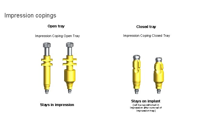 Impression copings Open tray Impression Coping Open Tray Stays in impression Closed tray Impression