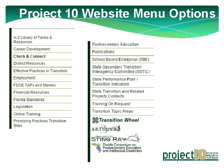 Project 10 Website Menu Options 