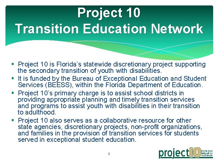 Project 10 Transition Education Network § Project 10 is Florida’s statewide discretionary project supporting