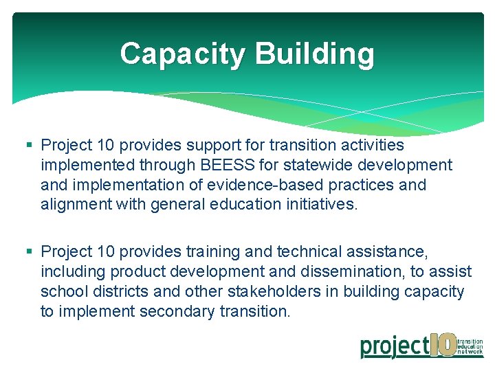 Capacity Building § Project 10 provides support for transition activities implemented through BEESS for