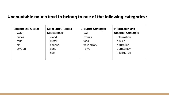 Uncountable nouns tend to belong to one of the following categories: Liquids and Gases