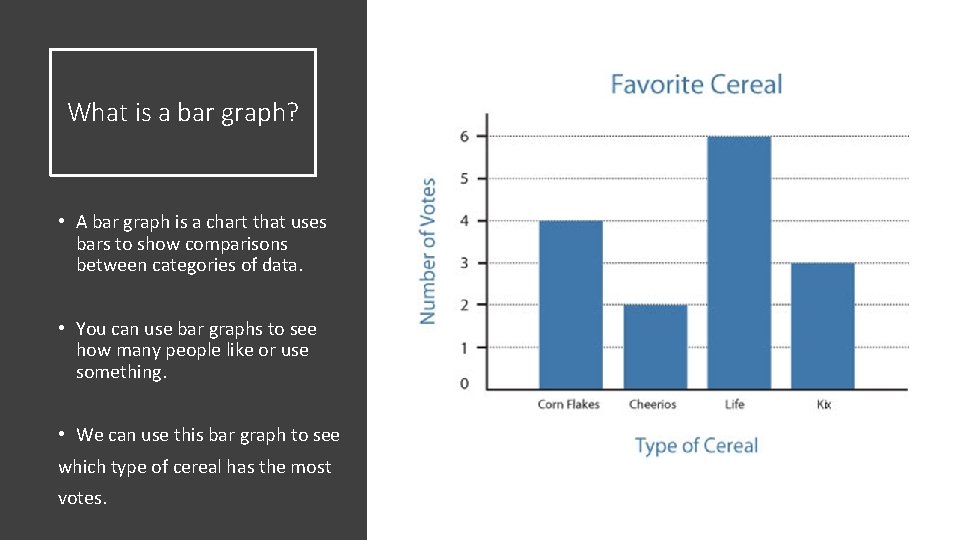 What is a bar graph? • A bar graph is a chart that uses