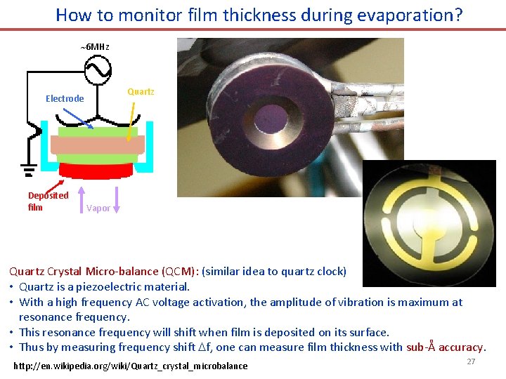 How to monitor film thickness during evaporation? 6 MHz Quartz Electrode Deposited film Vapor
