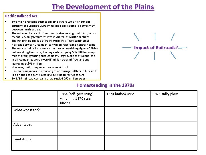 The Development of the Plains Pacific Railroad Act • • Two main problems against