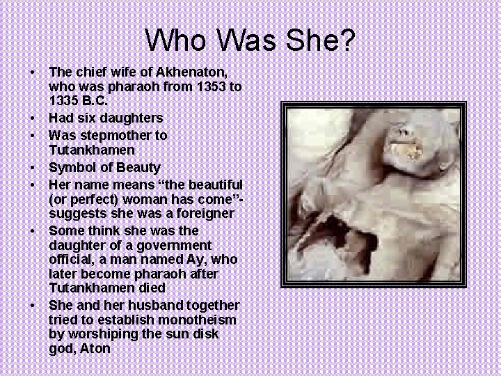 Who Was She? • • The chief wife of Akhenaton, who was pharaoh from