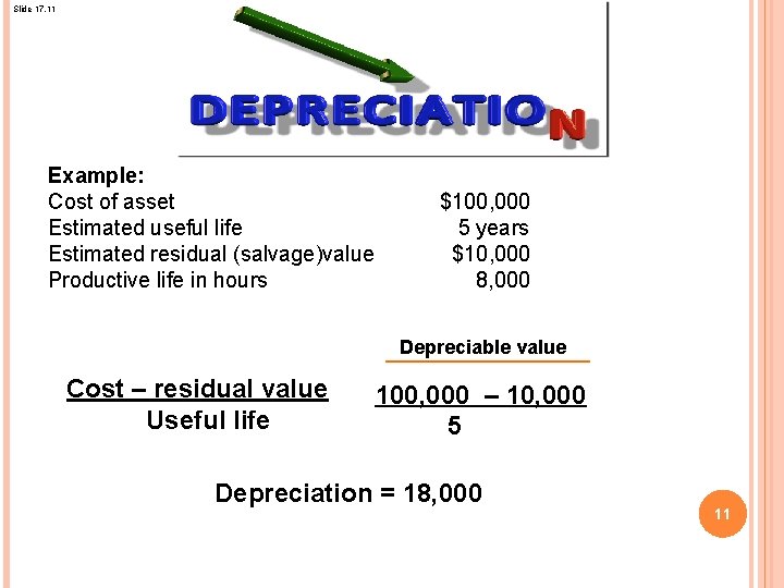 Slide 17. 11 Example: Cost of asset Estimated useful life Estimated residual (salvage)value Productive