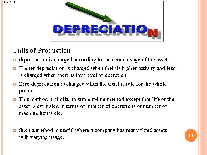 Slide 17. 14 Units of Production depreciation is charged according to the actual usage