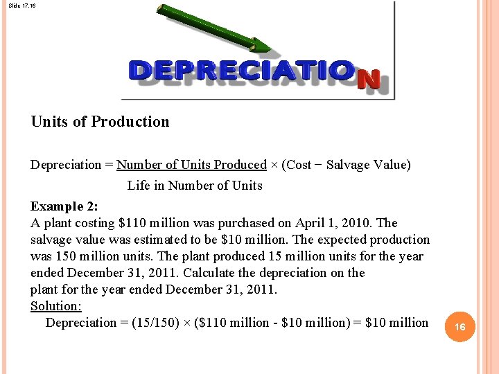 Slide 17. 16 Units of Production Depreciation = Number of Units Produced × (Cost