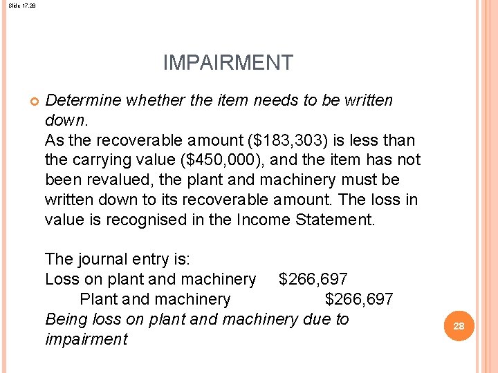 Slide 17. 28 IMPAIRMENT Determine whether the item needs to be written down. As