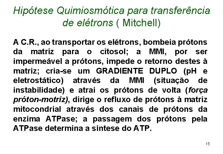 Hipótese Quimiosmótica para transferência de elétrons ( Mitchell) A C. R. , ao transportar