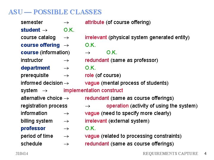 ASU — POSSIBLE CLASSES semester ® attribute (of course offering) student ® O. K. ASU — POSSIBLE CLASSES semester ® attribute (of course offering) student ® O. K.