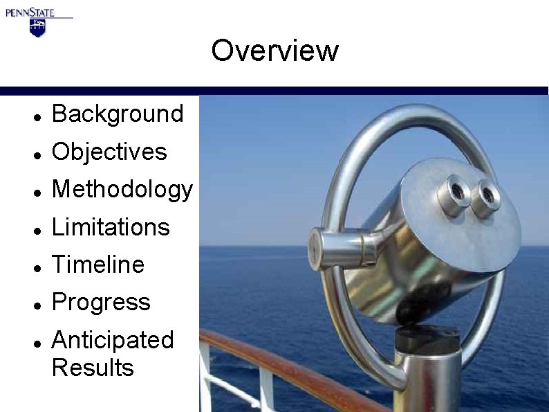 Overview Background Objectives Methodology Limitations Timeline Progress Anticipated Results 