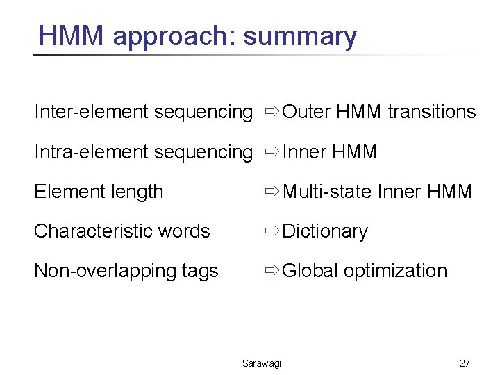 HMM approach: summary Inter-element sequencing ð Outer HMM transitions Intra-element sequencing ð Inner HMM