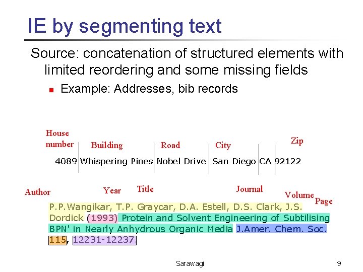 IE by segmenting text Source: concatenation of structured elements with limited reordering and some