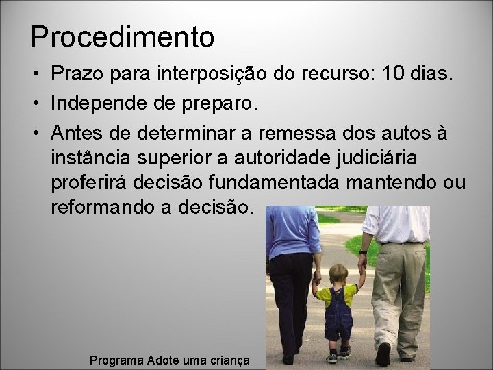 Procedimento • Prazo para interposição do recurso: 10 dias. • Independe de preparo. •