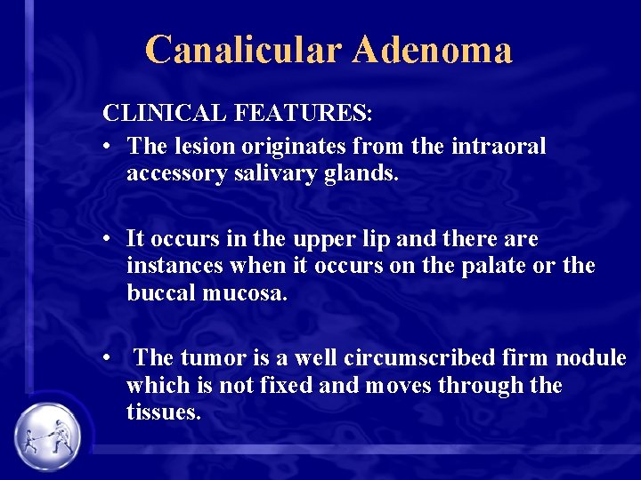 Canalicular Adenoma CLINICAL FEATURES: • The lesion originates from the intraoral accessory salivary glands.