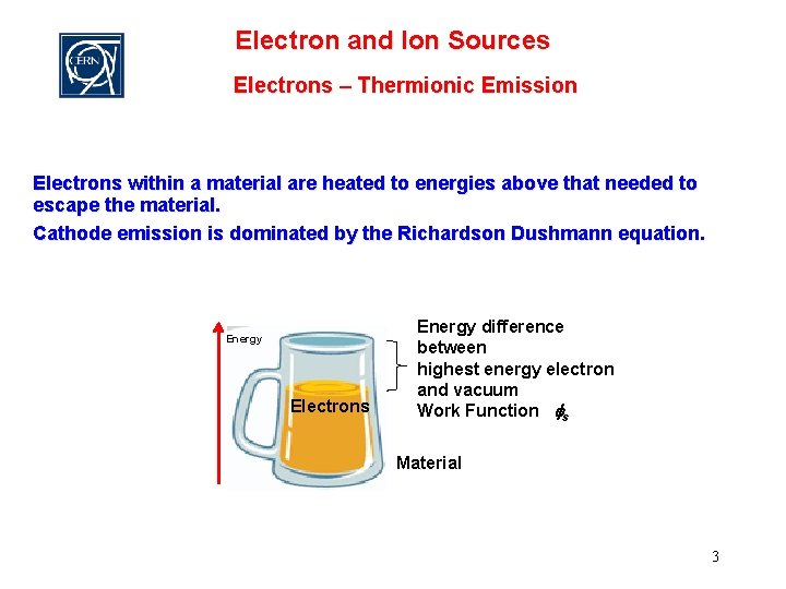 Electron and Ion Sources Electrons – Thermionic Emission Electrons within a material are heated