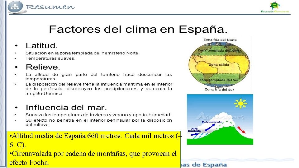  • Altitud media de España 660 metros. Cada mil metros (– 6 C).