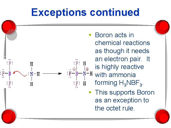 Exceptions continued § Boron acts in chemical reactions as though it needs an electron