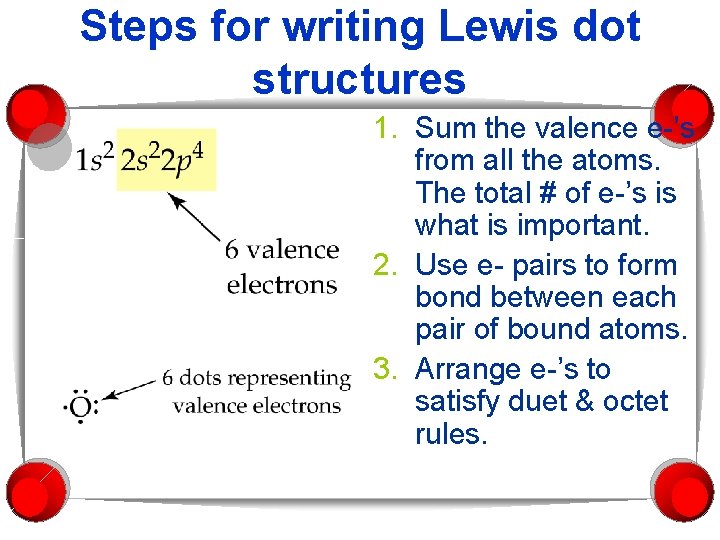 Steps for writing Lewis dot structures 1. Sum the valence e-’s from all the