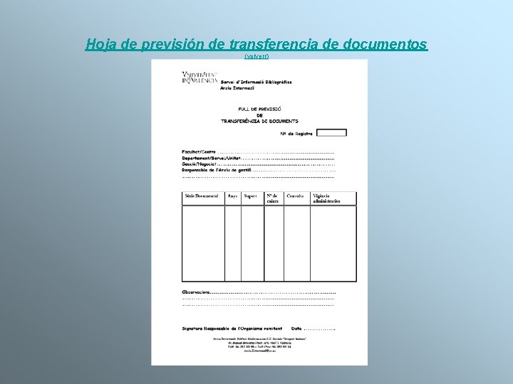 Hoja de previsión de transferencia de documentos (volverr) 