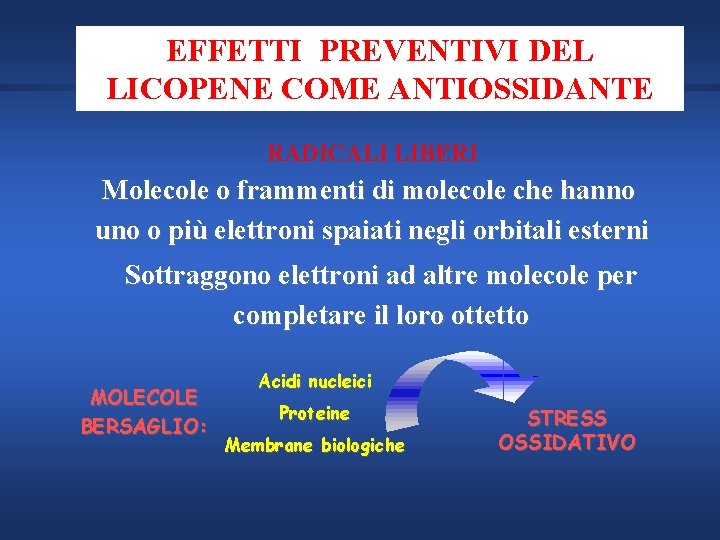 EFFETTI PREVENTIVI DEL LICOPENE COME ANTIOSSIDANTE RADICALI LIBERI Molecole o frammenti di molecole che