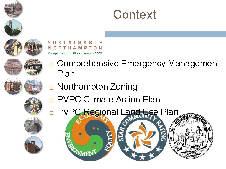 Context Comprehensive Emergency Management Plan Northampton Zoning PVPC Climate Action Plan PVPC Regional Land