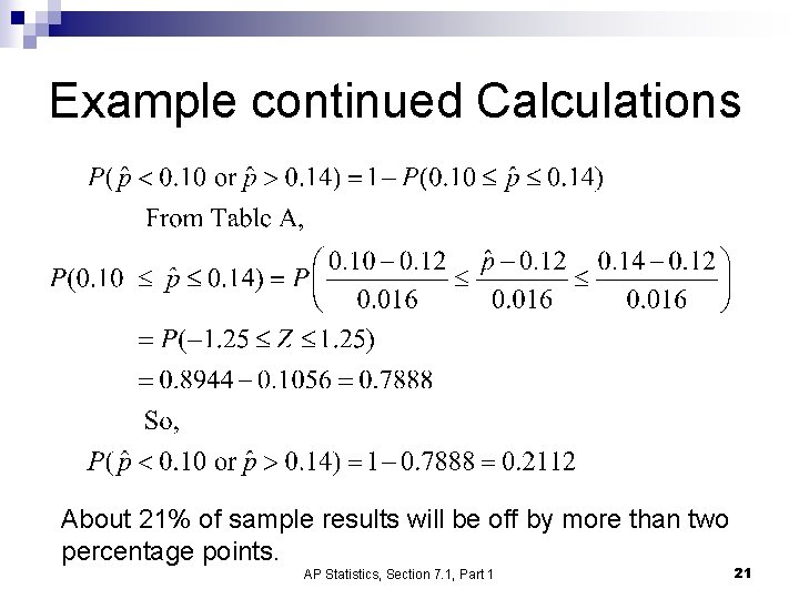 Example continued Calculations About 21% of sample results will be off by more than