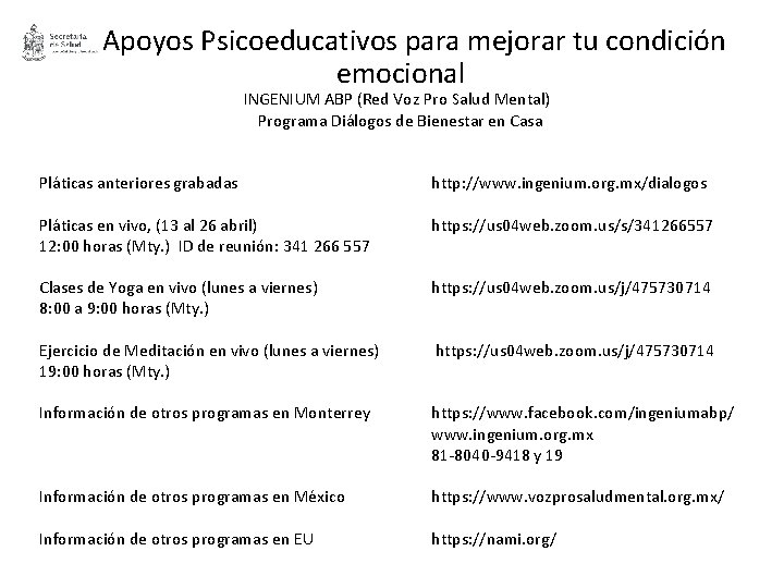 Apoyos Psicoeducativos para mejorar tu condición emocional INGENIUM ABP (Red Voz Pro Salud Mental)