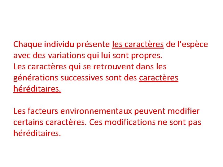 Chaque individu présente les caractères de l'espèce avec des variations qui lui sont propres.