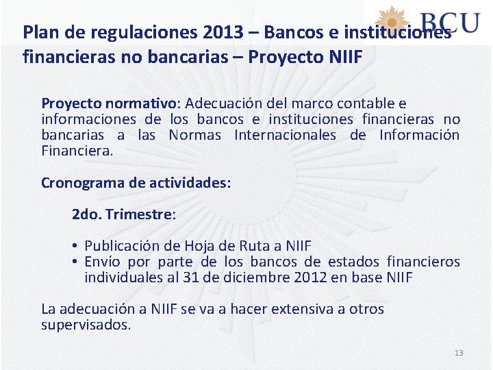 Plan de regulaciones 2013 – Bancos e instituciones financieras no bancarias – Proyecto NIIF