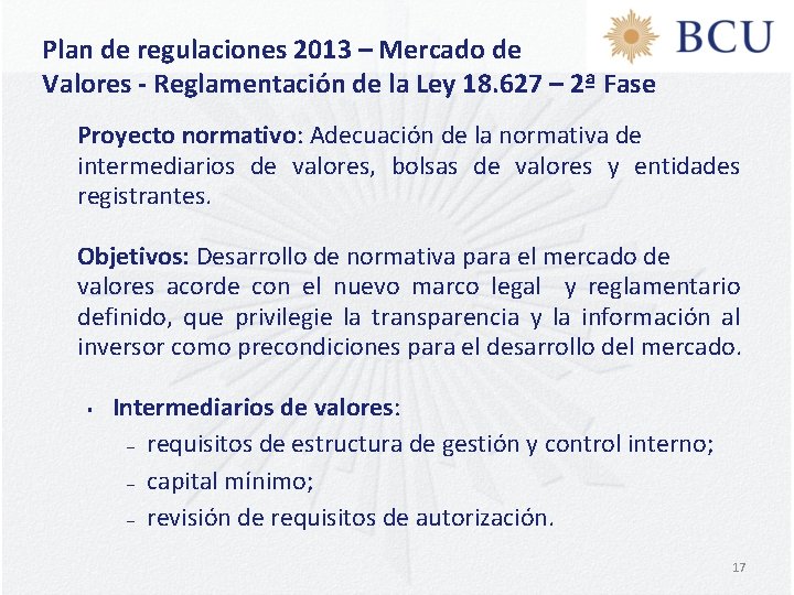 Plan de regulaciones 2013 – Mercado de Valores - Reglamentación de la Ley 18.