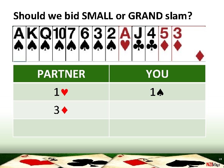 Should we bid SMALL or GRAND slam? PARTNER 1 3 YOU 1 13 