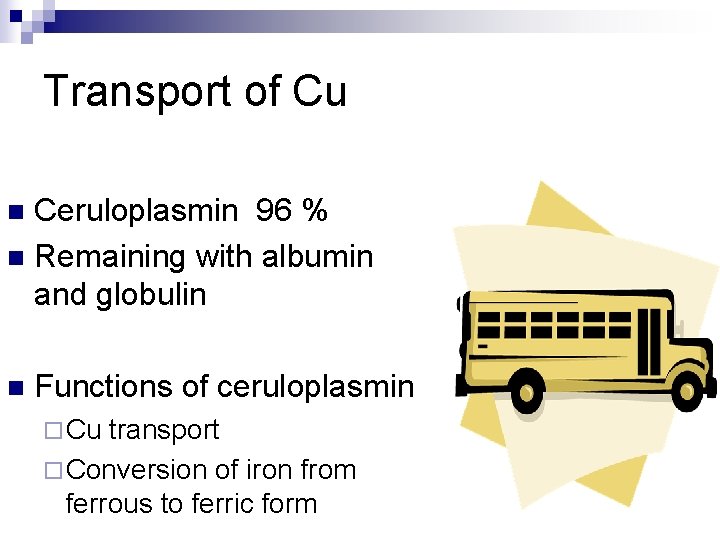 Transport of Cu Ceruloplasmin 96 % n Remaining with albumin and globulin n n