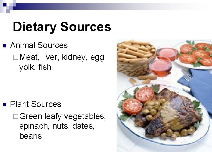 Dietary Sources n Animal Sources ¨ Meat, liver, kidney, egg yolk, fish n Plant