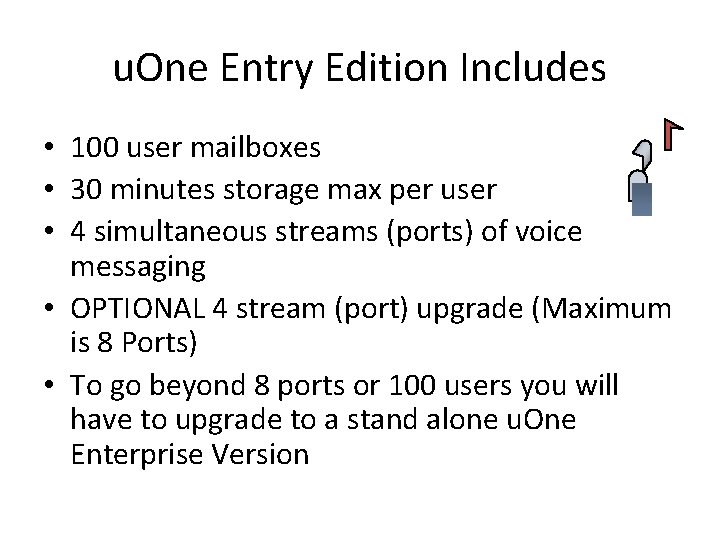 u. One Entry Edition Includes • 100 user mailboxes • 30 minutes storage max