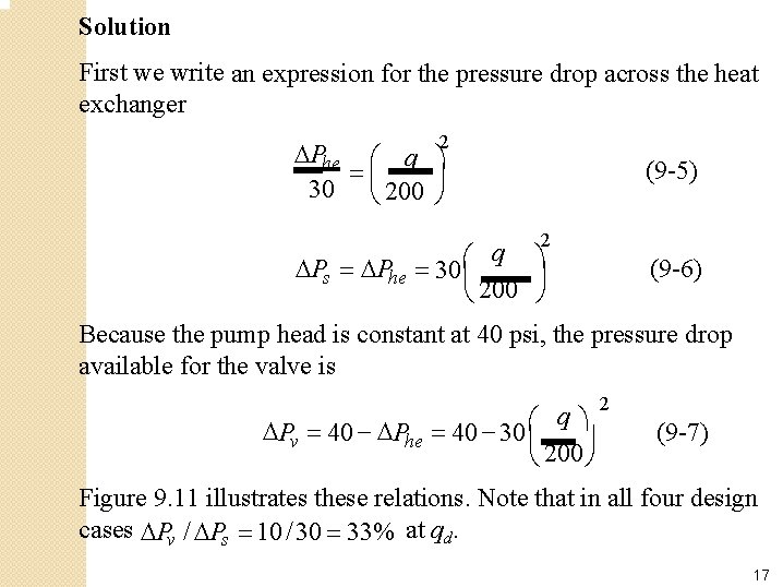 Solution First we write an expression for the pressure drop across the heat exchanger