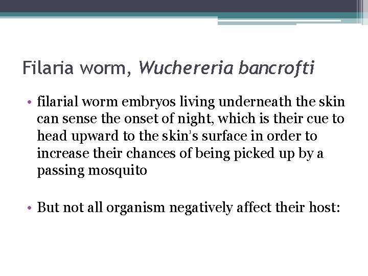 Filaria worm, Wuchereria bancrofti • filarial worm embryos living underneath the skin can sense