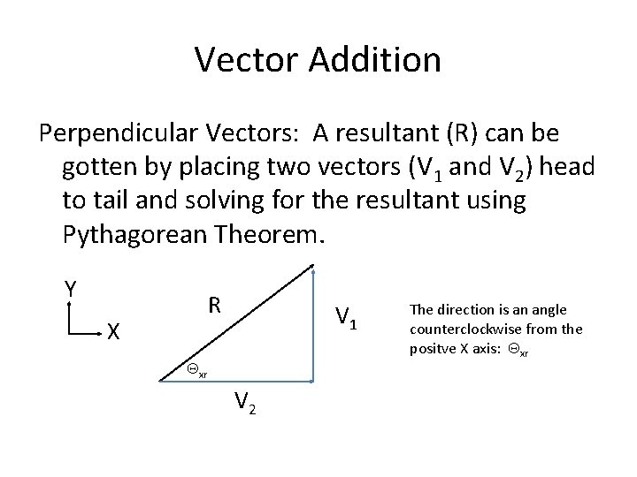 Vector Addition Perpendicular Vectors: A resultant (R) can be gotten by placing two vectors