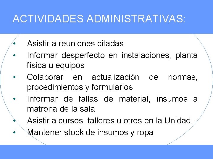 ACTIVIDADES ADMINISTRATIVAS: • • • Asistir a reuniones citadas Informar desperfecto en instalaciones, planta