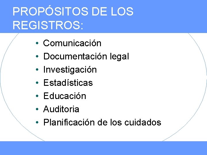 PROPÓSITOS DE LOS REGISTROS: • • Comunicación Documentación legal Investigación Estadísticas Educación Auditoria Planificación