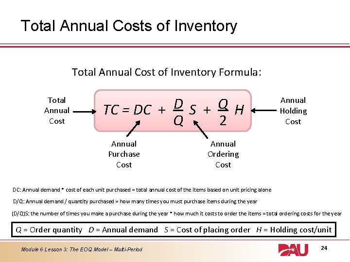 Total Annual Costs of Inventory Total Annual Cost of Inventory Formula: Total Annual Cost