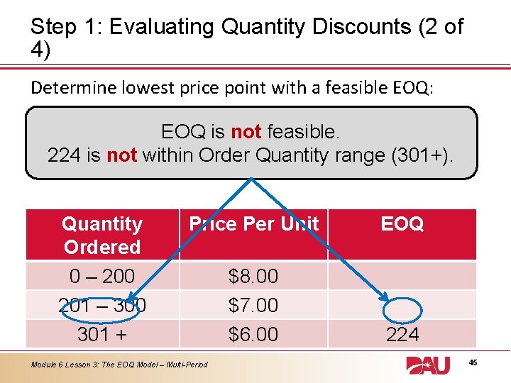 Step 1: Evaluating Quantity Discounts (2 of 4) Determine lowest price point with a