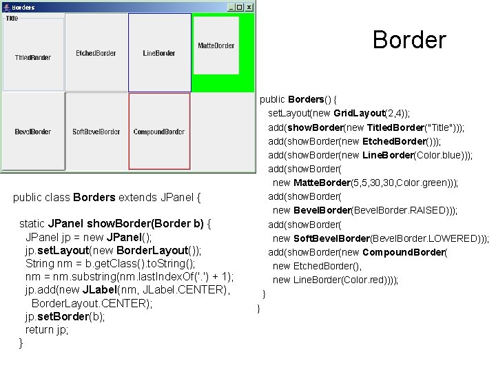 Border public class Borders extends JPanel { static JPanel show. Border(Border b) { JPanel