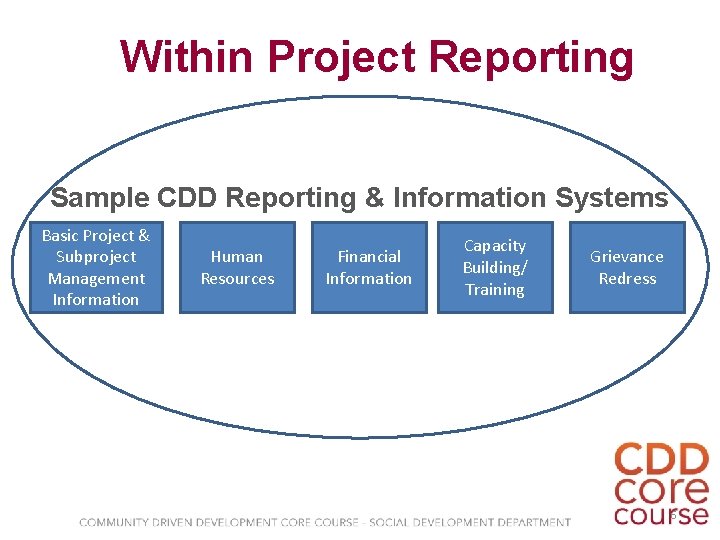 Within Project Reporting Sample CDD Reporting & Information Systems Basic Project & Subproject Management