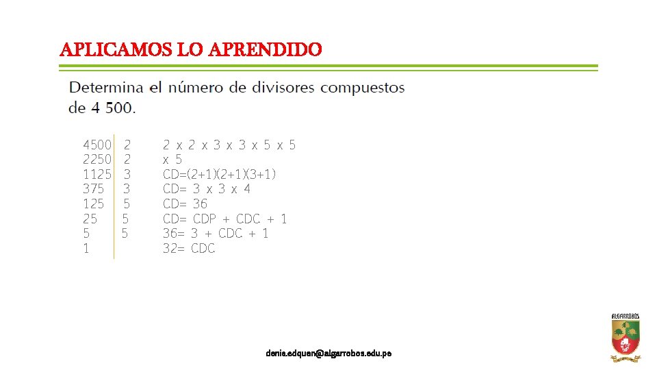 APLICAMOS LO APRENDIDO 4500 2250 1125 375 125 25 5 1 2 2 3