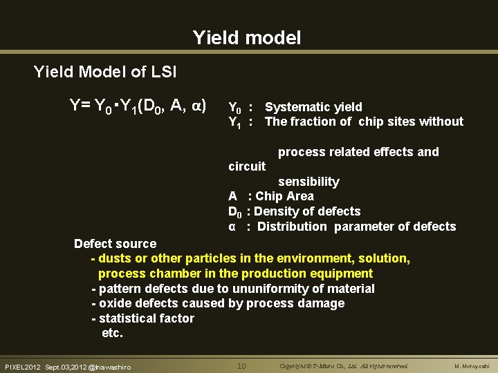 Yield model Yield Model of LSI Y= Y 0・Y 1(D 0, A, α) Y