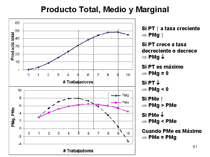 Producto Total, Medio y Marginal Si PT ↑ a tasa creciente PMg ↑ Si