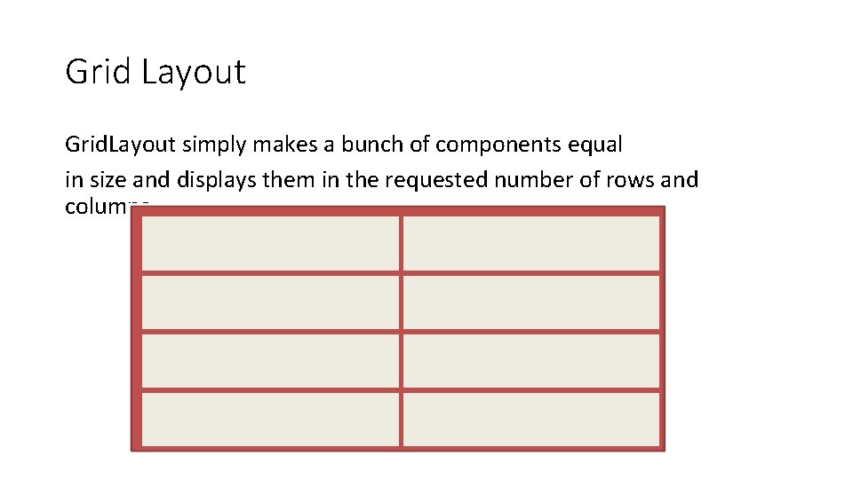 Grid Layout Grid. Layout simply makes a bunch of components equal in size and