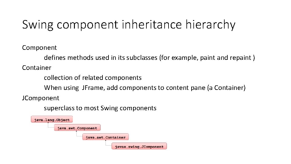 Swing component inheritance hierarchy Component defines methods used in its subclasses (for example, paint